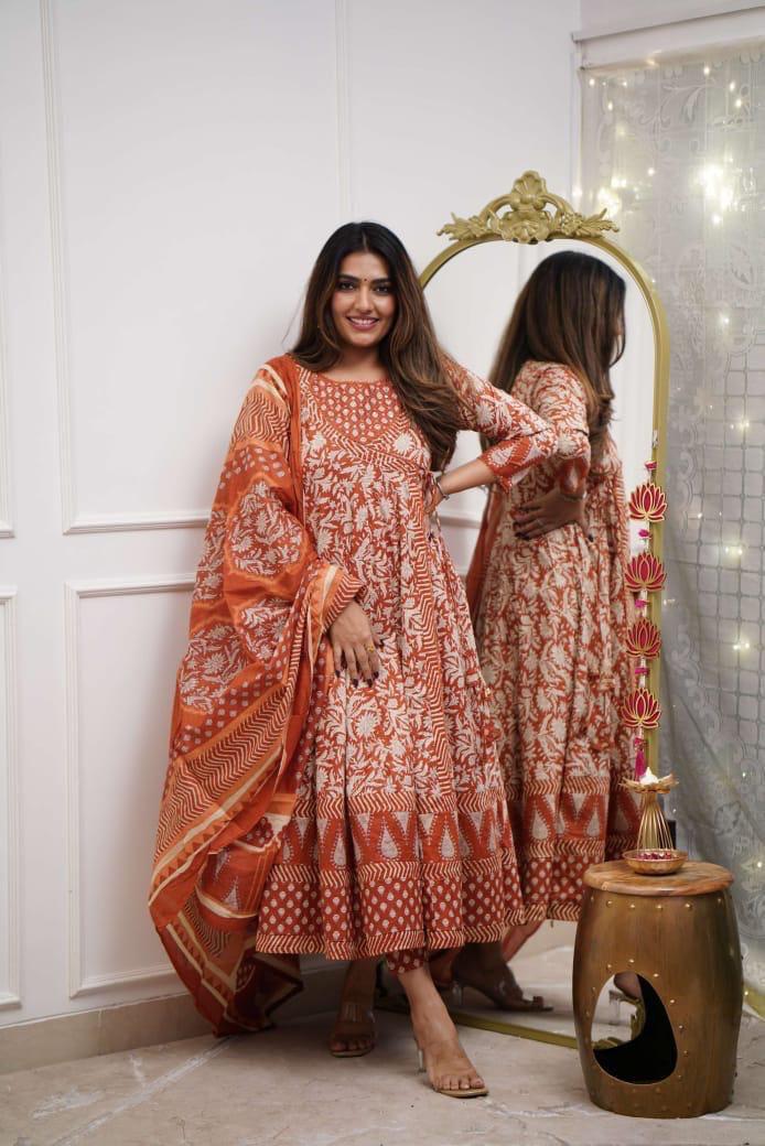Anarkali Cotton Kurti Pant And Dupatta Set For Women's And Girls/Ethenic Wear For Indian Women's